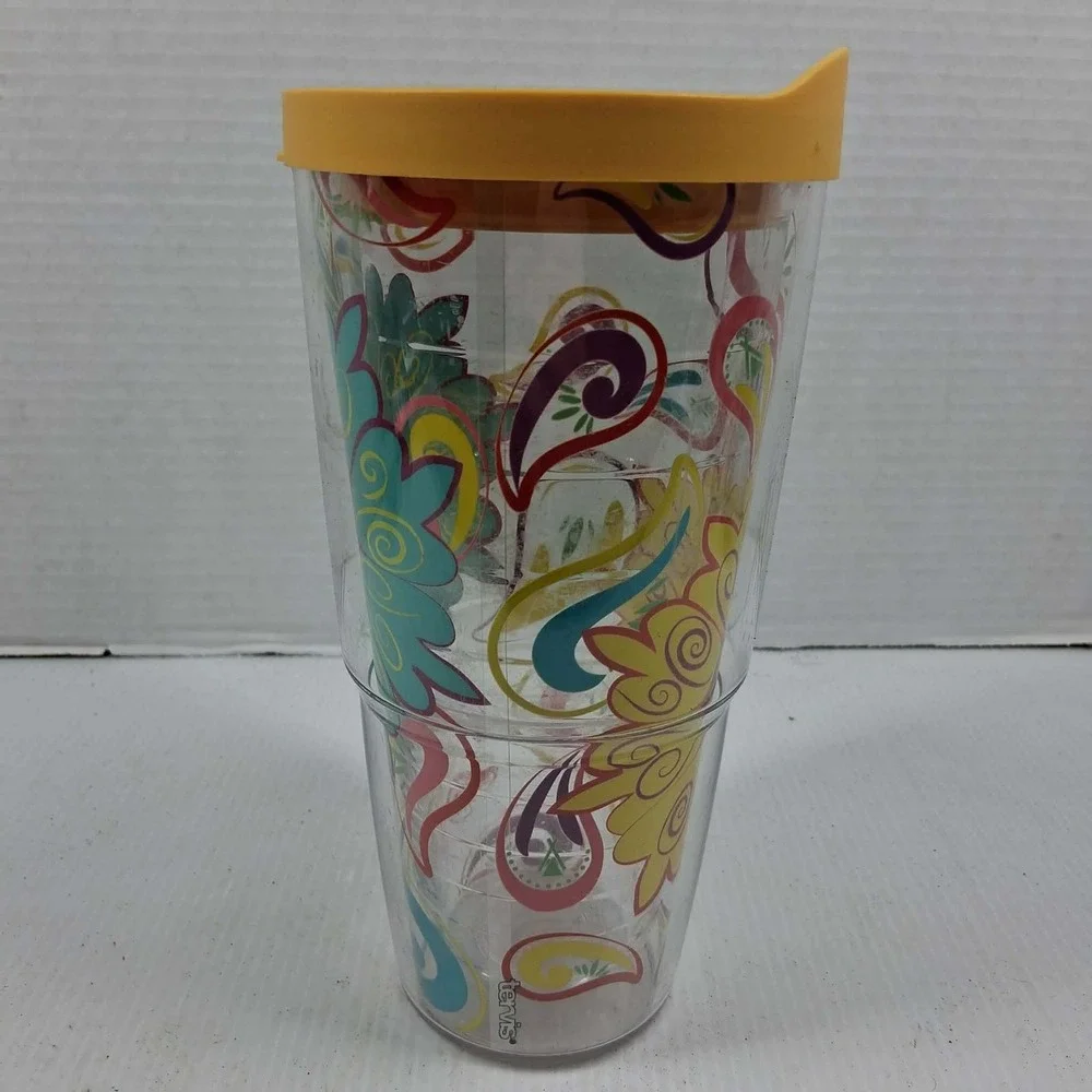 Tervis 24oz Insulated Tumbler Paisley Floral Clear Yellow Travel Lid Made in USA